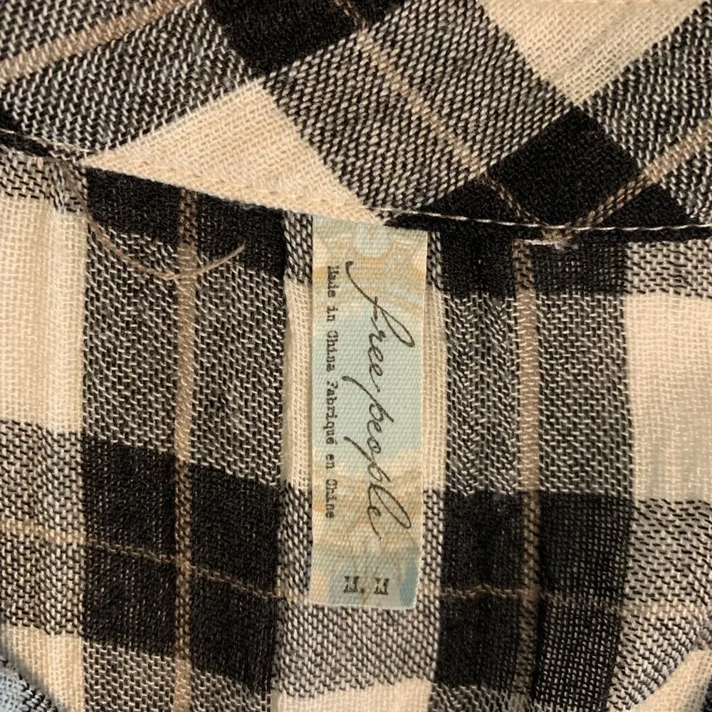 Free People Shirt Womens M Medium Black White Plaid Lace Up Shoulder Snap Button
